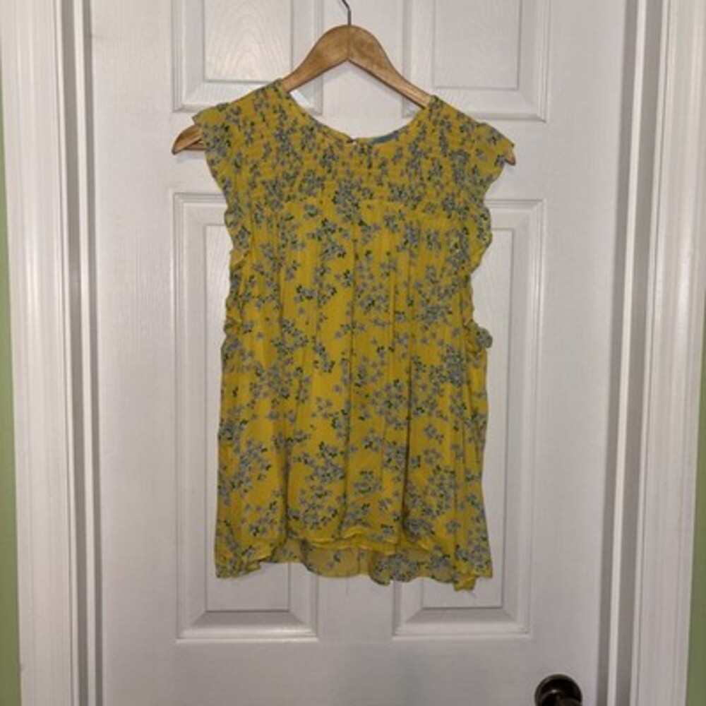 EUC Draper James RSVP Large Yellow & Blue Floral Lined Tank Top Smocked Neck